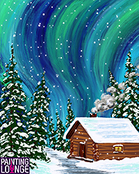 Northern Lights Over Cabin in the Snow